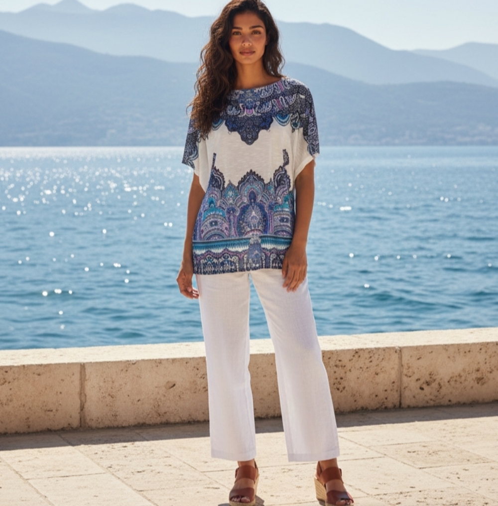 CACHE kimono top dolman sleeves blue Paisley on white size 2X